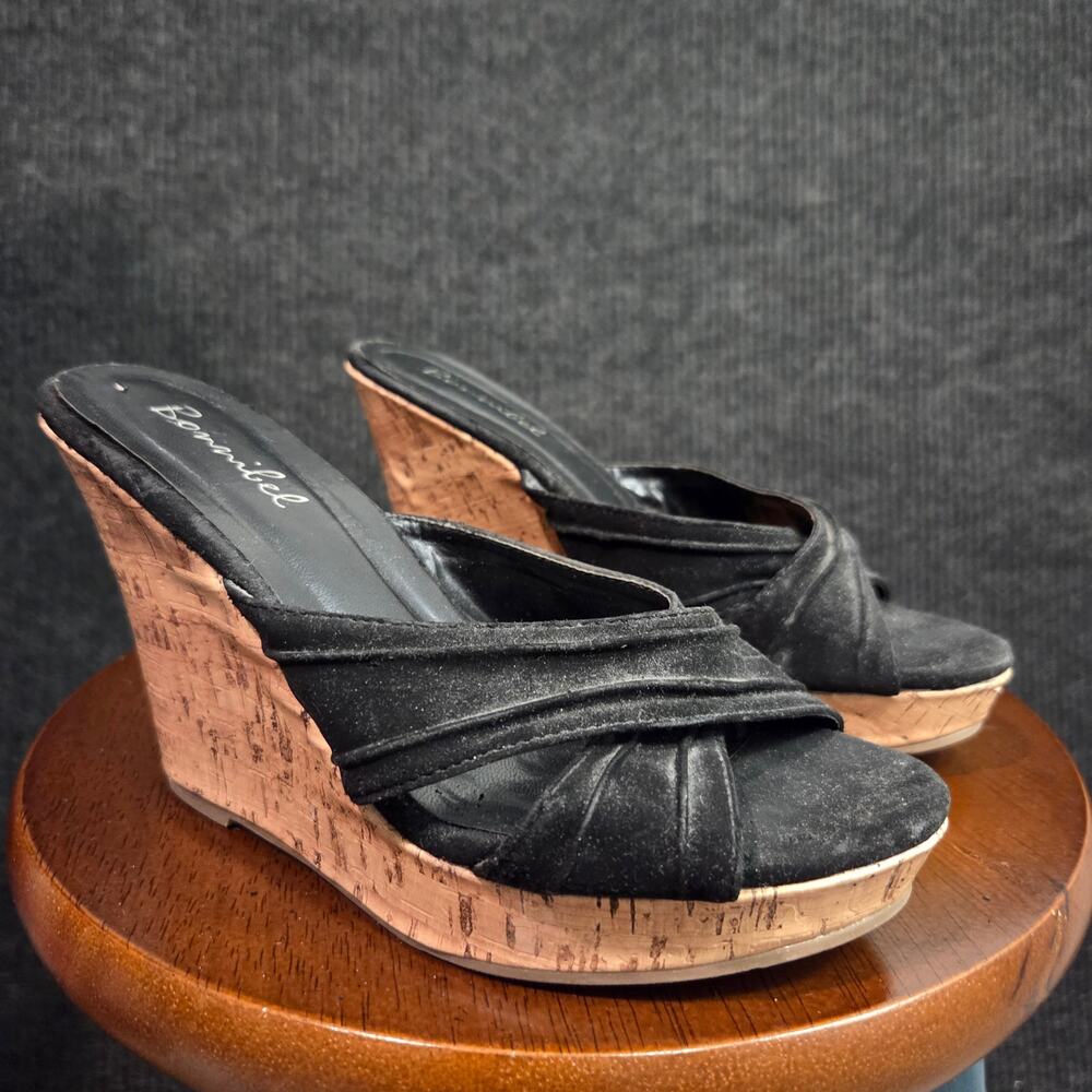Bonnibel Black Faux Suede Cork Wedge Sandals Sz 5.5 Y2K Platform Mule Slides